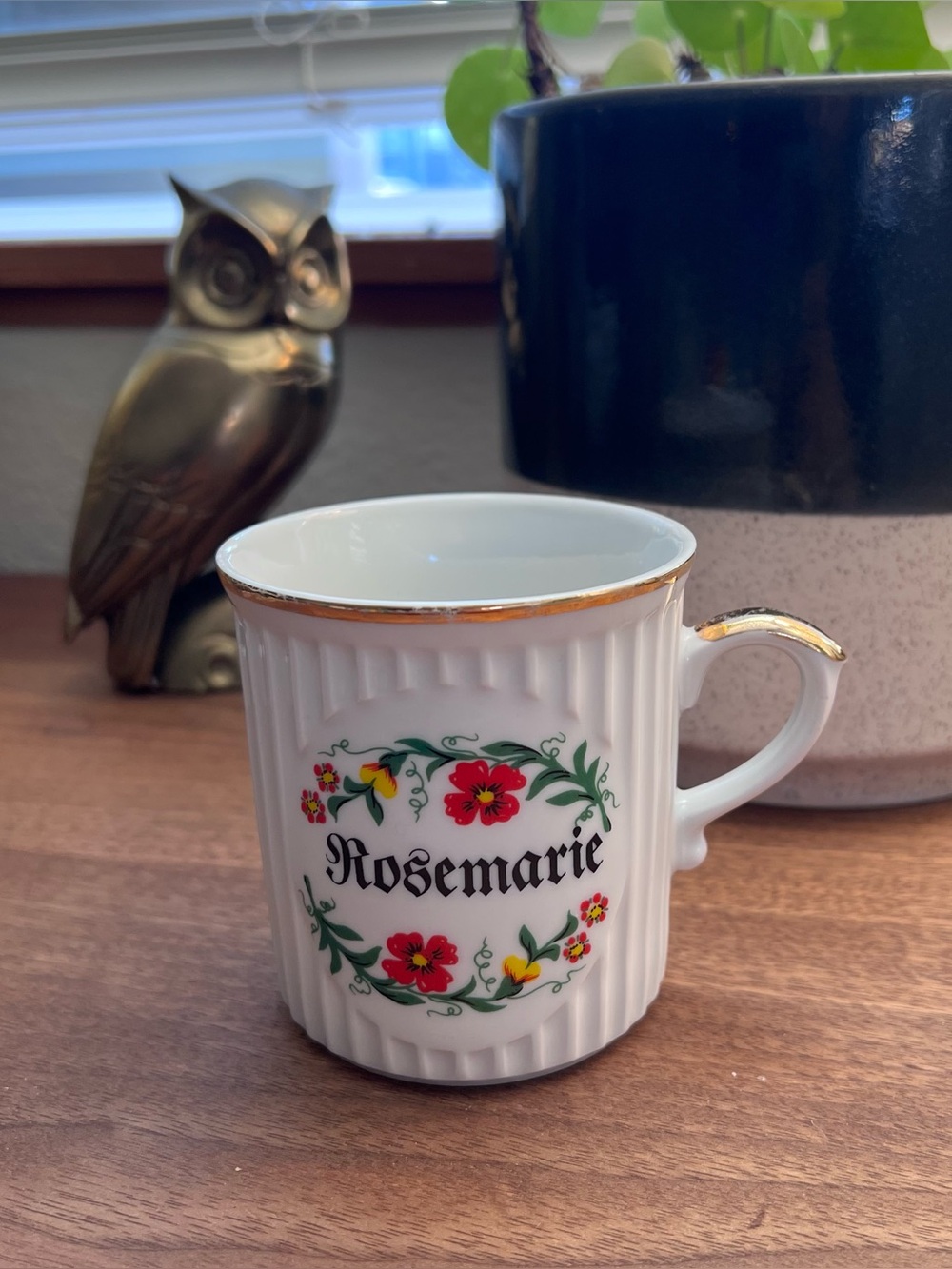 Vintage Personalized "Rosemarie" Name Coffee Mug - Floral Ribbed Porcelain Gold